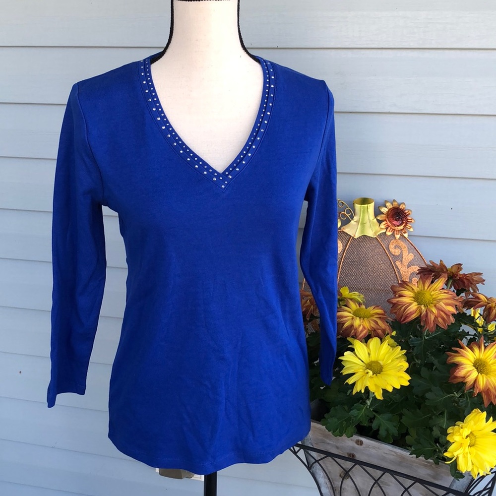 RAFAELLA EMBELLISHED ROYAL BLUE 3/4 SLEEVE TOP NEW